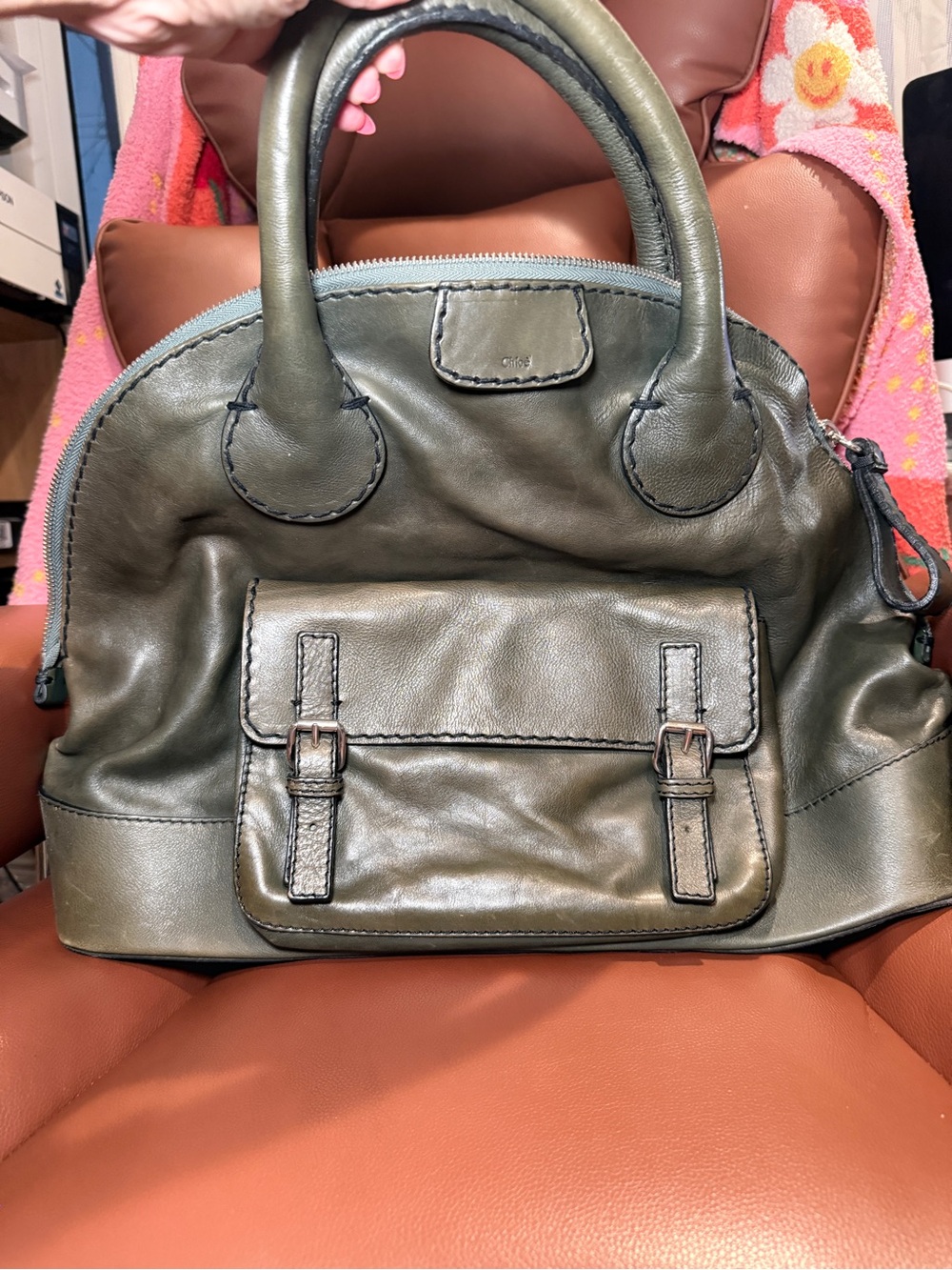 Authentic Chloé Vintage Olive Green Leather Satchel Handbag Made Italy